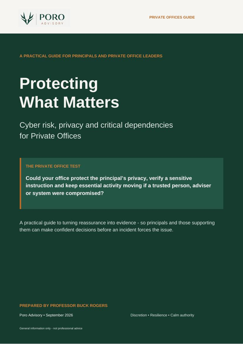 Cover of the Poro Advisory private offices guide: Protecting What Matters